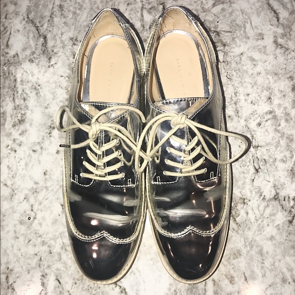 ZARA | Silver Wingtip Platform Lace Up Loafers 8 - Picture 4 of 4